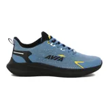Zapatillas acordonadas color azul piedra con detalles en negro y amarillo, diseño ligero y deportivo.