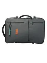 Mochila RKF unisex de poliéster reciclado repelente al agua, color gris. Cuenta con tres compartimentos independientes con cierre, compartimento para laptop de 15 pulgadas, triple bolsillo frontal con cierre, mango lateral, correas ajustables, almohadillas en la espalda, pasador para maleta y broches laterales.