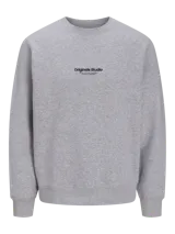 Buzo gris melange de manga larga y cuello redondo, con logo 'Originals Studio' estampado en el pecho.