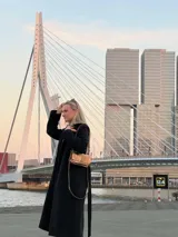 Cartera mini bag color dorado, con correa de cadena y múltiples compartimentos internos.