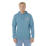 Canguro Rip Curl color celeste, con capucha ajustable con cordones y bolsillo canguro frontal. Presenta un estampado en el pecho con el logo de la marca y la palabra "Surfing".