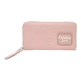 Billetera con cierre de Las Oreiro color rosa con estampado de labios y logo en el frente.