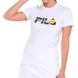 Remera blanca de mangas cortas con logo Fila estampado en negro, amarillo y naranja.