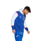 Canguro de fútbol Umbro del Club Nacional de Football, color azul con mangas blancas y detalles en rojo. Incluye capucha con cordones blancos, bolsillo tipo canguro y escudo del club bordado en el pecho.
