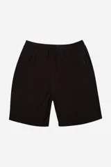 Bermuda de lino negra, tipo jogger, con bolsillos laterales y trasero, cintura elástica ajustable con cordón.