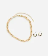 Conjunto de collar corto con eslabones dobles y caravanas aro con gajos en efecto esmaltado.