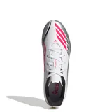Championes de fútbol 5 Adidas F50 Messi Club TF, unisex, color blanco con detalles en negro y rosa. Inspirados en Lionel Messi, con suela Turf (TF) para canchas sintéticas y exterior sintético ligero y resistente.