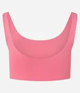 Top deportivo blanco de poliamida, sin copa, sin estampa y con escote redondo.