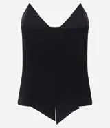 Blusa sin breteles negra confeccionada en bengalina, con escote triangular y lazo aplicado.