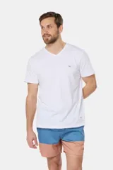 Short de baño con cintura elástica y cordón ajustable, diseño a rayas horizontales en tonos azul y marrón.