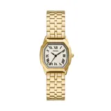 Reloj Fossil modelo Harlow con caja octogonal dorada de 27mm, esfera color crema con números romanos negros y malla metálica dorada.