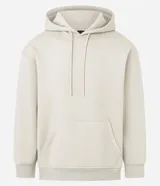 Saco con capucha color beige, con cordón ajustable, bolsillo canguro, mangas largas y barras ajustadas. Confeccionado en algodón con felpa, de corte comfort.