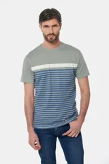 Remera de manga corta con diseño a rayas horizontales en tonos gris, blanco y azul.