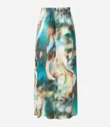 Pollera midi de viscosa con cintura elástica, lazo ajustable y estampado abstracto con efecto de manchas.