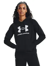 Buzo deportivo Under Armour Rival Fleece negro, con capucha, logo estampado en blanco y bolsillo tipo canguro.