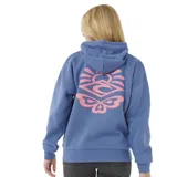 Canguro azul con capucha, cordones ajustables y bolsillo tipo canguro. Estampado pequeño en el pecho con el logo de Rip Curl y diseño de sol en color rosa.