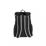 Mochila Adidas negra con estampado del logo de Adidas y el logo de Smiley en amarillo. Tiene correas ajustables, cierre con cordón y hebillas amarillas.