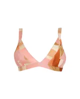Top de bikini con estampado geométrico en tonos rosa, naranja y beige.