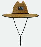 Sombrero de paja color beige con ala ancha y cordón ajustable negro.
