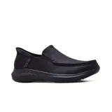 Zapato casual Skechers Slip-Ins Relaxed Fit: Parson - Oswin, color negro, con puntera tipo mocasín, capellada de cuero, plantilla Air-Cooled Memory Foam y amortiguación Goga Mat Arch.