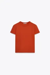 Camiseta marrón de algodón con cuello redondo y mangas cortas.