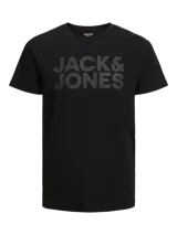 Camiseta negra de manga corta y cuello redondo con logo de la marca estampado en el pecho.