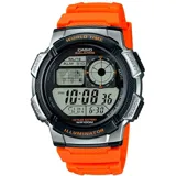 Reloj digital deportivo Casio World Time, caja negra con bisel plateado y correa de resina naranja vibrante. Pantalla digital con hora, fecha, indicadores de alarma y señal, mapa mundial y dial analógico simulado.
