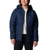 Campera puffer Columbia Silver Falls II Hood para mujer, color azul marino, con capucha y cierre frontal. Cuenta con tecnología Omni-Shield que repele la humedad y Thermarator que mantiene el calor.