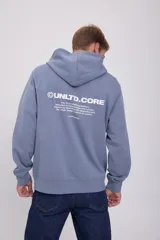 Canguro celeste con capucha, manga larga y estampado en la espalda con la leyenda "UNLTD.CORE The Core Unlimited Edition: Designed in Copenhagen and London. Inspired by Scandinavian aesthetics and the urban design culture of London. JACK&JONES@1990.".