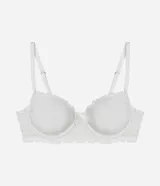 Soutien de encaje blanco con aro, sin copa, de corte balconette. Presenta breteles finos ajustables y terminaciones festoneadas en el escote y el bajo.