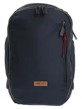 Mochila unisex azul marino de poliéster reciclado, con compartimento principal con cierre a prueba de agua, cintas de compresión internas, dos bolsillos interiores de malla con cierre, compartimento acolchado para laptop de 16 pulgadas, bolsillo delantero con múltiples compartimentos, bolsillos laterales con cierre para botellas, bolsillo superior con cierre para anteojos, correa compresora de pecho, correas de hombro ajustables, espalda acolchada y ergonómica, forro interior 100% poliéster reciclado e incluye llavero mosquetón.
