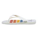 Chanclas blancas con estampado de rayas horizontales en colores rojo, naranja, amarillo y azul.