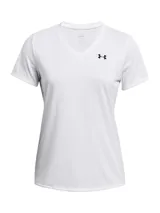 Remera deportiva Under Armour Tech™ de manga corta, color lila, con cuello en V y logo estampado en el pecho.