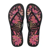 Sandalias Havaianas Slim Organic negras con estampado de flores en tonos rosa y blanco.