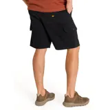 Short cargo negro para hombre, con bragueta con cremallera y botón, bolsillos laterales, bolsillos traseros de parche con solapa y botón y bolsillos cargo utilitarios adicionales a los lados. Etiqueta tejida con el logo del gato en el bolsillo de parche central trasero. Tiro medio.