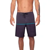 Boardshort de hombre, color gris oscuro con diseño degradado. La parte superior es gris sólido y la inferior tiene un patrón texturizado oscuro. Presenta una línea horizontal turquesa que divide las dos secciones y cordón de ajuste negro en la cintura.