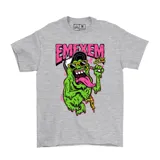 Remera gris con estampado de Slimer, el fantasma de la película Ghostbusters, con la inscripción "Emexem" en rosa y la frase "Eat Fast Die Young".