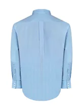 Camisa de hombre RKF, modelo WF PB, de manga larga con diseño a cuadros celestes y blancos. Tiene cuello abotonado, bolsillo en el pecho con logo bordado y tecnología wrinkle-free.