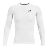 Remera deportiva blanca de manga larga Under Armour HeatGear®, con paneles de malla en axilas y espalda para ventilación, costuras ergonómicas y construcción híbrida de manga raglán para mayor rango de movimiento.