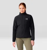 Campera negra de mujer, con cierre frontal, cuello alto y logo de la marca en el pecho.