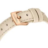 Reloj Certa con caja redonda de 30 mm en tono oro rosa y bisel con 30 cristales. Esfera guilloché con el logotipo del cisne de Swarovski e índices de cristal. Correa de piel italiana color beige.