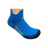 Medias tobilleras deportivas azules con detalles en amarillo y negro.