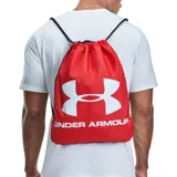 Mochila Under Armour tipo bolsa con cordones, color rojo con logo blanco.