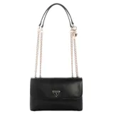 Cartera Guess modelo Daryna II, color negro, con correa de cadena dorada y logo triangular dorado en el frente.