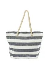 Bolso tipo tote bag con diseño a rayas horizontales rojas y blancas, con asas de soga.