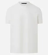 Remera de mangas cortas color crema, confeccionada con 50% algodón y 50% poliéster, con cuello redondo y tejido texturizado.