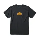 Remera negra de manga corta con estampado amarillo de un sol con la palabra "BURNT" debajo.