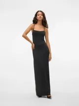 Vestido midi negro de fiesta con tirantes finos y lurex plateado.