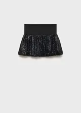 Minifalda negra con lentejuelas, cintura elástica y corte evasé.