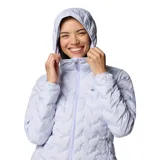 Campera Columbia Delta Ridge II para mujer, color azul marino, con capucha y cierre frontal. Cuenta con tecnología termorreflectante Omni-Heat™ y HeatSeal™ para mantener el calor, y Omni-Shield™ para repeler la humedad.